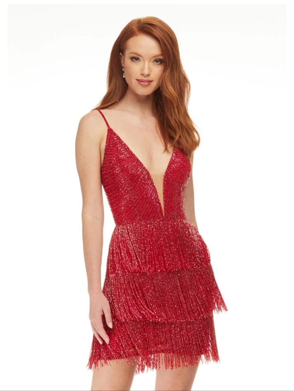 Ashley Lauren 4491 Beaded Fringe V-Neck Party Dress